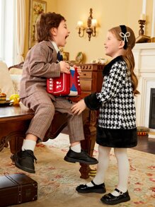 1 pieza Vestido de fiesta Chicas jovenes con patrón de pata de gallo ribete lanudo - Blanco y Negro - Ver 7