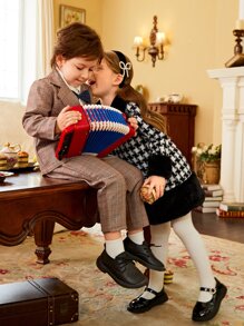 1 pieza Vestido de fiesta Chicas jovenes con patrón de pata de gallo ribete lanudo - Blanco y Negro - Ver 8