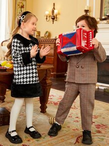 1 pieza Vestido de fiesta Chicas jovenes con patrón de pata de gallo ribete lanudo - Blanco y Negro - Ver 9