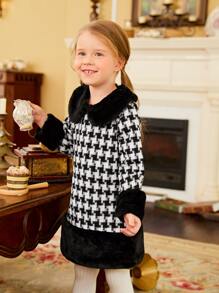 1 pieza Vestido de fiesta Chicas jovenes con patrón de pata de gallo ribete lanudo - Blanco y Negro - Ver 10