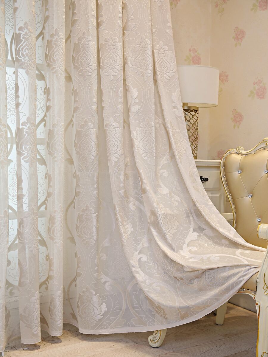Cortina transparente panel única jacquard con damasco - Beis - Ver 1