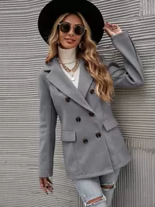 SHEIN Clasi Solid Double Breasted Blazer Fall Cloth For Women - Grey - View 5