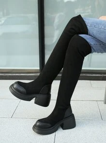 仿麂皮一腳蹬彈力靴 - 黑色 - 查看 1