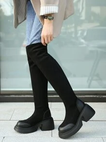 仿麂皮一腳蹬彈力靴 - 黑色 - 查看 3