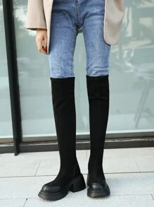 仿麂皮一腳蹬彈力靴 - 黑色 - 查看 4