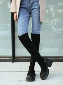 仿麂皮一腳蹬彈力靴 - 黑色 - 查看 5