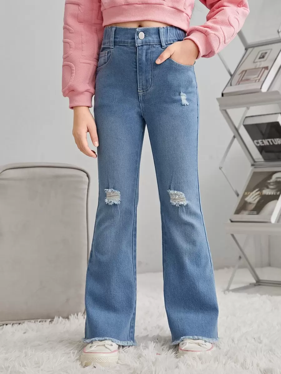 Niñas Jeans de pierna amplia desgarro ribete sin dobladillo - Lavado ligero - Ver 1