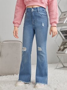 Niñas Jeans de pierna amplia desgarro ribete sin dobladillo - Lavado ligero - Ver 5