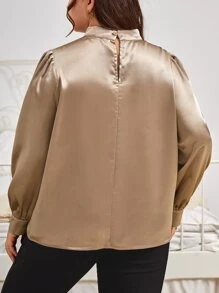 SHEIN Privé Plus Mock Neck Lantern Sleeve Satin Blouse - Khaki - View 2