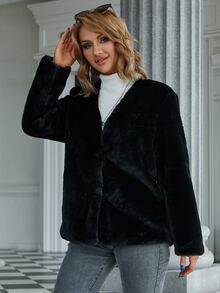 Eilly Bazar Solid Open Front Fuzzy Coat - Black - View 3