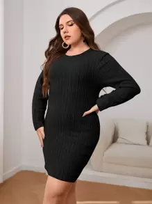 SHEIN Privé Plus Ribbed Knit Fitted Dress - Black - View 4