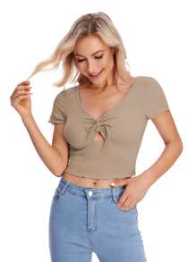 SHEIN Qutie Lettuce Trim Knot Front Top - Khaki - View 3