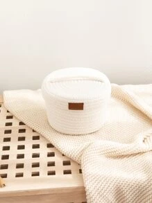 1pc Label Detail Woven Desktop Storage Basket - White - View 3