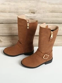 Girls Buckle Decor Side Zip Boots - Brown - View 6