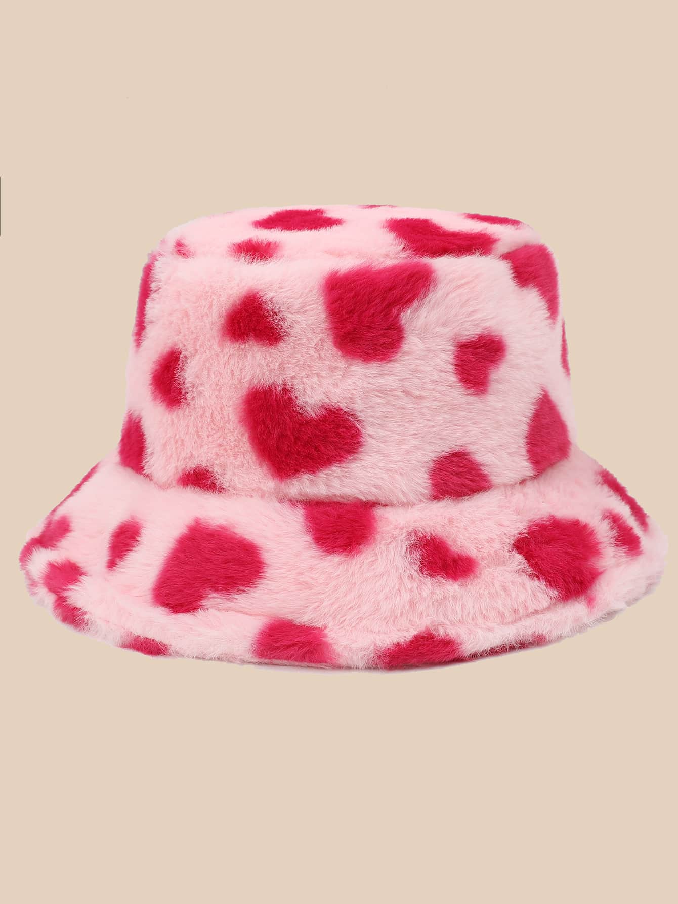 1pc Pink Plush Warm Bucket Hat With Heart Pattern For Autumn/Winter Street Leopard Print - Pink - View 1