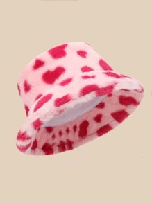 1pc Pink Plush Warm Bucket Hat With Heart Pattern For Autumn/Winter Street Leopard Print - Pink - View 2