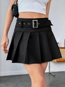 SHEIN Pleated Belted Skirt - Black - View 3