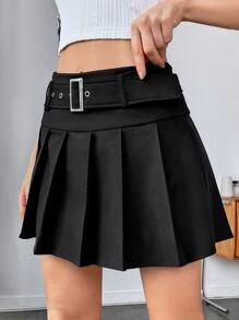 SHEIN Pleated Belted Skirt - Black - View 5