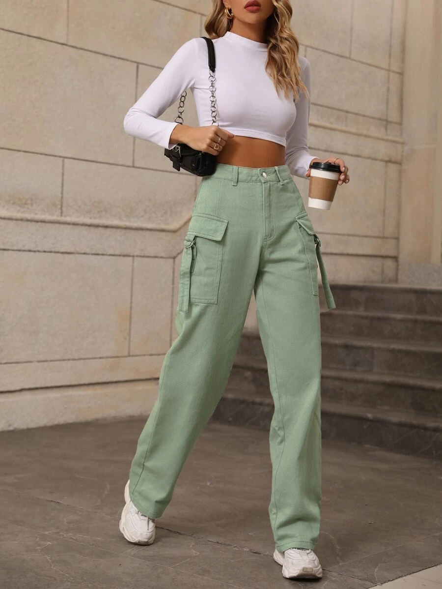 Strap Detail Flap Pocket Side Cargo Jeans - Mint Green - View 1