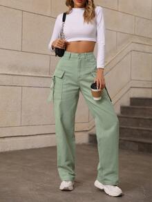 Strap Detail Flap Pocket Side Cargo Jeans - Mint Green - View 3