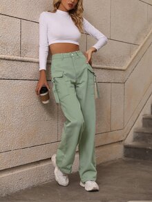 Strap Detail Flap Pocket Side Cargo Jeans - Mint Green - View 6