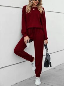 SHEIN LUNE 插肩袖套頭衫和腰部抽繩衛褲 - 酒紅色 - 查看 4