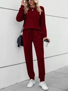 SHEIN LUNE 插肩袖套頭衫和腰部抽繩衛褲 - 酒紅色 - 查看 6