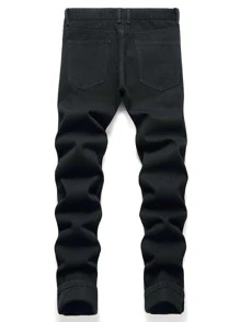 Men Ripped Frayed Slim Straight Jeans - Black - View 2
