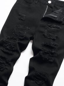 Men Ripped Frayed Slim Straight Jeans - Black - View 5