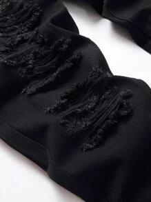 Men Ripped Frayed Slim Straight Jeans - Black - View 7