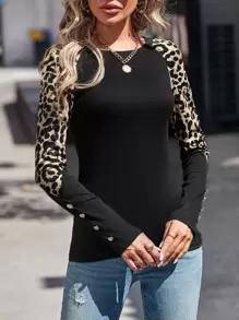EMERY ROSE Leopard Print Raglan Sleeve Tee Graphic Cheetah Print Tees Women Tops Fall Cloth For Women