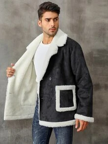 男士雙口袋雙排釦毛絨內襯仿麂皮外套 - 黑色 - 查看 7