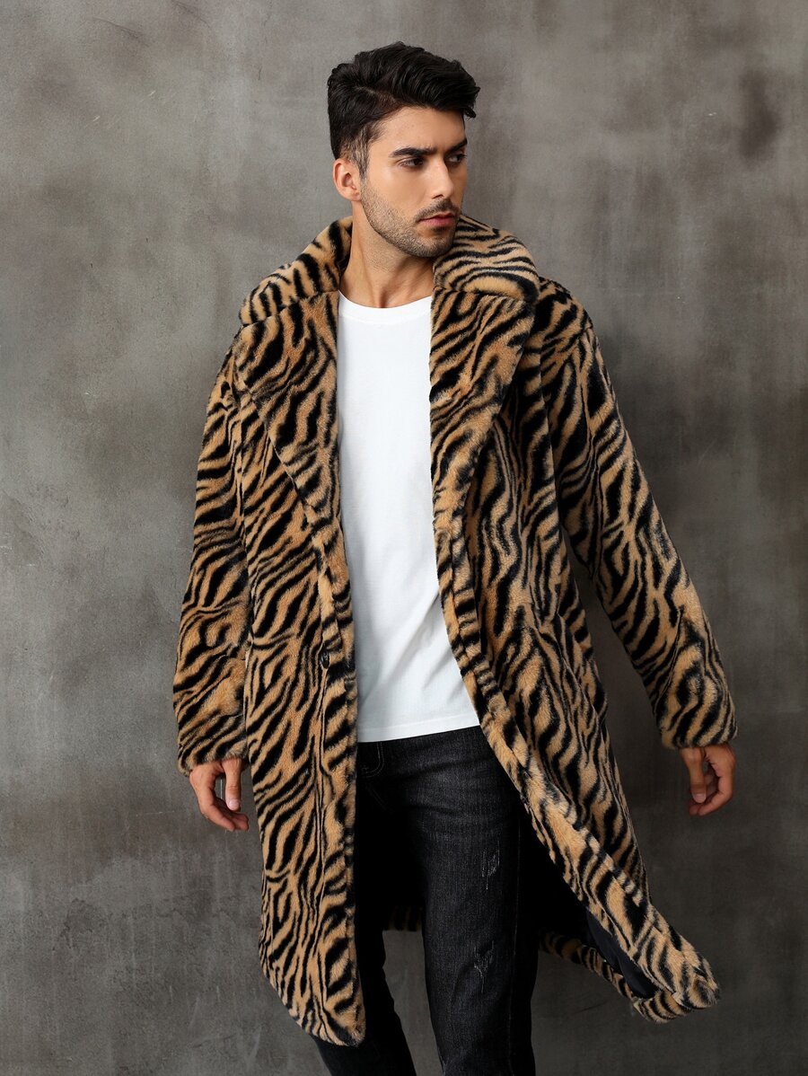 Men Zebra Striped Pattern Lapel Neck Coat - Multicolor - View 1