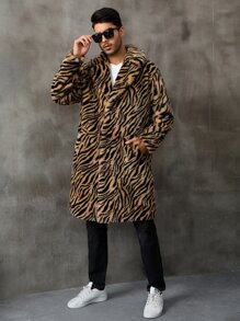 Men Zebra Striped Pattern Lapel Neck Coat - Multicolor - View 3