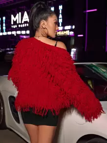 Allurite Shaggy Knit Duster Cardigan - Red - View 2