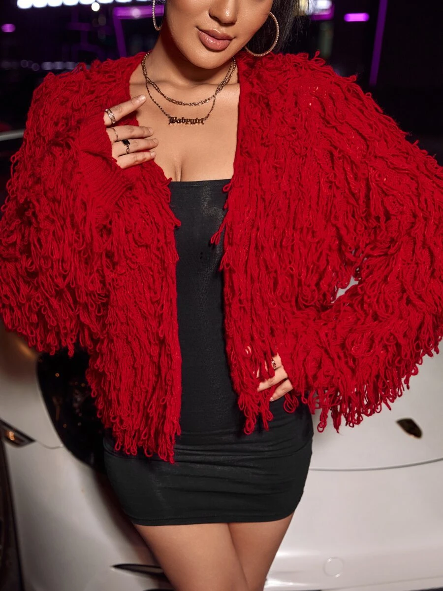 Allurite Shaggy Knit Duster Cardigan - Red - View 1