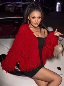 Allurite Shaggy Knit Duster Cardigan - Red - View 5