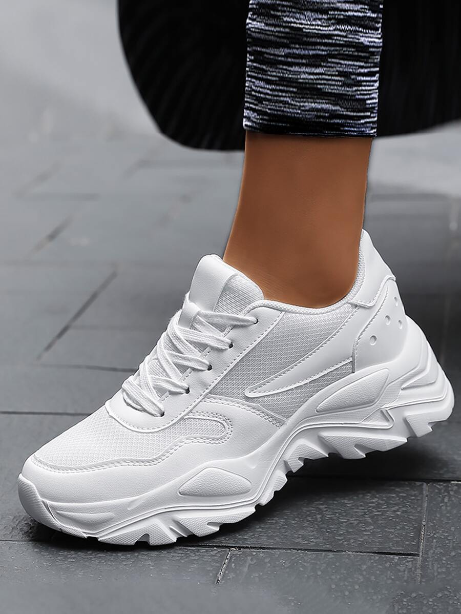 Minimalist Lace Up Front Chunky Sneakers - White - View 1