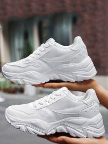 Minimalist Lace Up Front Chunky Sneakers - White - View 4