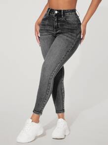 SHEIN EZwear 素色緊身牛仔褲 - 深灰色 - 查看 1