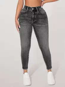 SHEIN EZwear 素色緊身牛仔褲 - 深灰色 - 查看 3