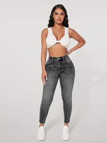 SHEIN EZwear 素色緊身牛仔褲 - 深灰色 - 查看 4