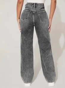 SHEIN PETITE High-Waisted Ripped Loose Y2K Autumn And Winter Warm Jeans Thermal Denim - Grey - View 2