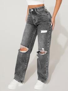 SHEIN PETITE High-Waisted Ripped Loose Y2K Autumn And Winter Warm Jeans Thermal Denim - Grey - View 3