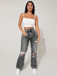 SHEIN PETITE High-Waisted Ripped Loose Y2K Autumn And Winter Warm Jeans Thermal Denim - Grey - View 4
