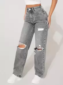 SHEIN PETITE High-Waisted Ripped Loose Y2K Autumn And Winter Warm Jeans Thermal Denim - Light Grey - View 3