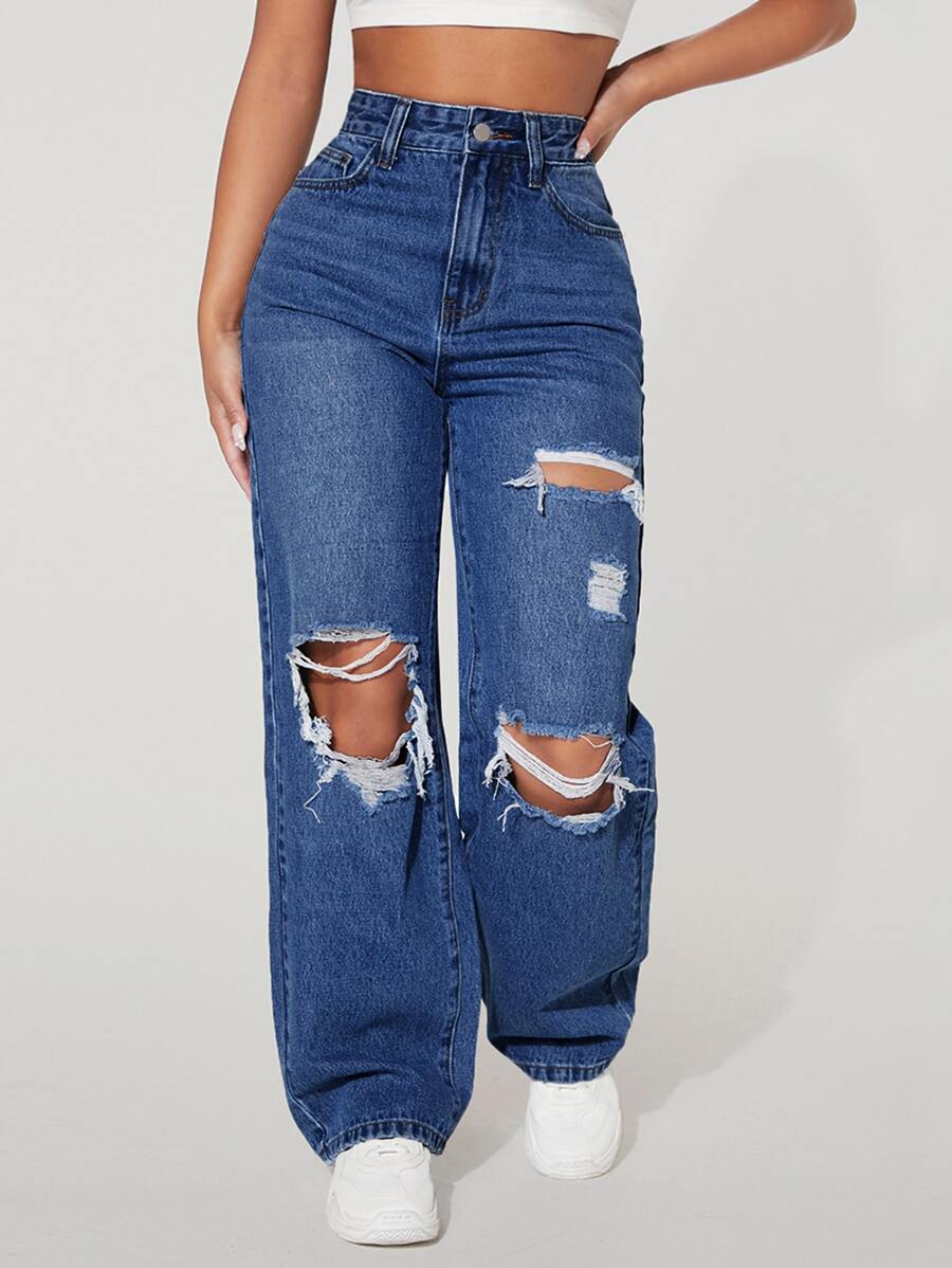 SHEIN PETITE High Waist Ripped Straight Leg Jeans - Dark Wash - View 1