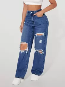 SHEIN PETITE High Waist Ripped Straight Leg Jeans - Dark Wash - View 4