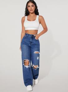 SHEIN PETITE High Waist Ripped Straight Leg Jeans - Dark Wash - View 5