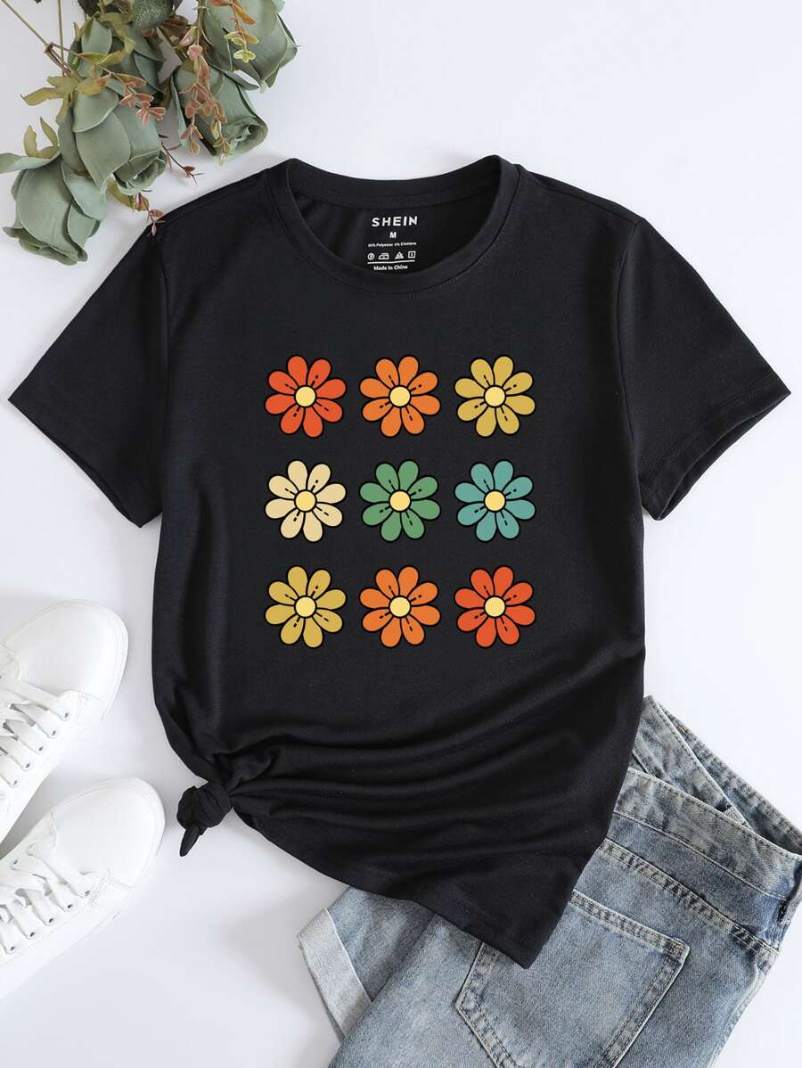 INAWLY Floral Print Round Neck Tee - Black - View 1